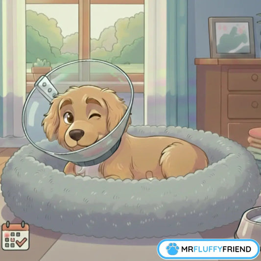 Happy golden retriever in a recovery cone and calming bed during dog spay recovery time