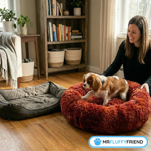 Cavalier King Charles Spaniel stepping from an old, worn-out dog bed into a new, plush red donut dog bed.
