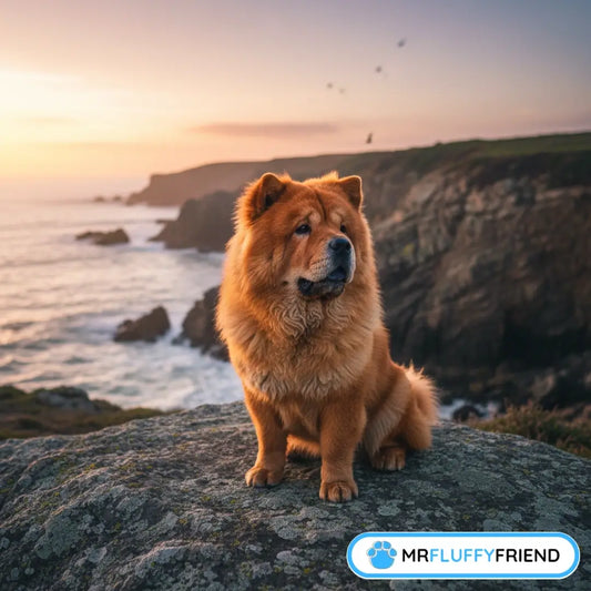 A fluffy, lion-like Chow Chow sitting majestically on a rocky cliffside at sunset, representing the breed’s independent and calm nature.