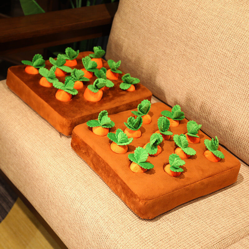 Two plush cushion puzzle toys featuring vibrant orange removable carrots with green leaves nestled on a soft brown surface